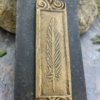 Bronze Feather Pendant, Connemara Marble, Celtic Spirals, Long Single Feather, Handmade, Art Jewelry, Long Necklace, Soul Harbor Jewelry