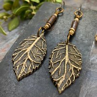Birch Leaf Earrings, Bronze Leaves, Hand Carved Tree Branch, Czech Glass Beads, Pagan Wicca, Hypoallergenic Niobium, Soul Harbor Jewelry