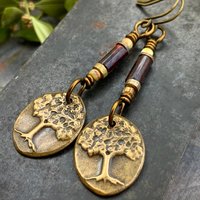 Tree of Life, Bronze Earrings, Czech Glass Beads, Hypoallergenic Ear Wires, Handmade, Art Jewelry, Wire Wrapped Beads, Oval Tree Dangles