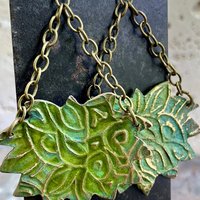Lotus & Chain Earrings, Bronze Verdigris Patina, Large Statement Earrings, Hand Carved, Hypoallergenic Ear Wires, Handmade Art Jewelry