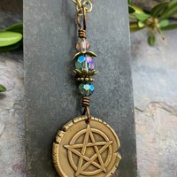 Pentagram Charm Necklace, Blue Crystal Beads, 5 Elements, Long Pentacle Necklace, Pagan Wicca, Earth Air Fire Water Spirit, Handmade Art