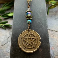 Pentagram Charm Necklace, Blue Crystal Beads, 5 Elements, Long Pentacle Necklace, Pagan Wicca, Earth Air Fire Water Spirit, Handmade Art