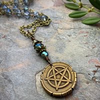 Pentagram Charm Necklace, Blue Crystal Beads, 5 Elements, Long Pentacle Necklace, Pagan Wicca, Earth Air Fire Water Spirit, Handmade Art
