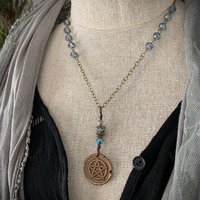 Pentagram Charm Necklace, Blue Crystal Beads, 5 Elements, Long Pentacle Necklace, Pagan Wicca, Earth Air Fire Water Spirit, Handmade Art