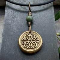 Trinity Knot Pendant, Bronze Wax Seal Charm, Connemara Marble, Irish Celtic, Leather & Vegan Cords, Triple Goddess, Handmade Art Jewelry