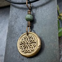 Trinity Knot Pendant, Bronze Wax Seal Charm, Connemara Marble, Irish Celtic, Leather & Vegan Cords, Triple Goddess, Handmade Art Jewelry