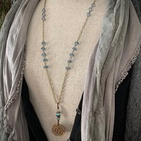 Pentagram Charm Necklace, Blue Crystal Beads, 5 Elements, Long Pentacle Necklace, Pagan Wicca, Earth Air Fire Water Spirit, Handmade Art
