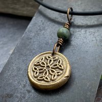 Trinity Knot Pendant, Bronze Wax Seal Charm, Connemara Marble, Irish Celtic, Leather & Vegan Cords, Triple Goddess, Handmade Art Jewelry