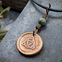 Trinity Knot Charm, Triquetra, Copper Wax Seal Charm, Connemara Marble, Irish Celtic, Leather & Vegan Cords, Handmade, Wired Bead Jewelry