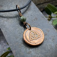 Trinity Knot Charm, Triquetra, Copper Wax Seal Charm, Connemara Marble, Irish Celtic, Leather & Vegan Cords, Handmade, Wired Bead Jewelry