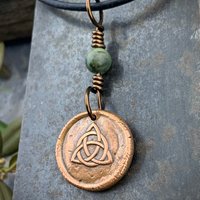Trinity Knot Charm, Triquetra, Copper Wax Seal Charm, Connemara Marble, Irish Celtic, Leather & Vegan Cords, Handmade, Wired Bead Jewelry