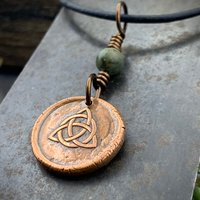 Trinity Knot Charm, Triquetra, Copper Wax Seal Charm, Connemara Marble, Irish Celtic, Leather & Vegan Cords, Handmade, Wired Bead Jewelry