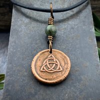 Trinity Knot Charm, Triquetra, Copper Wax Seal Charm, Connemara Marble, Irish Celtic, Leather & Vegan Cords, Handmade, Wired Bead Jewelry