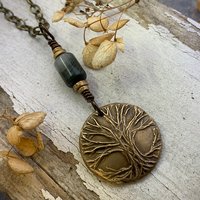 Celtic Tree of Life Charm, Bronze Pendant, Connemara Marble, Irish Celtic Jewelry, Hand Carved Art, Crann Bethadh, Leather & Vegan Cords