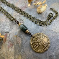 Celtic Tree of Life Charm, Bronze Pendant, Connemara Marble, Irish Celtic Jewelry, Hand Carved Art, Crann Bethadh, Leather & Vegan Cords