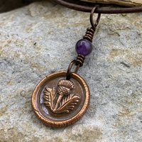 Thistle of Scotland, Copper Wax Seal Charm, Amethyst Bead, Scottish Thistle, Outlander Jewelry, Leather & Vegan Cords, Soul Harbor Jewelry