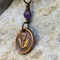 Thistle of Scotland, Copper Wax Seal Charm, Amethyst Bead, Scottish Thistle, Outlander Jewelry, Leather & Vegan Cords, Soul Harbor Jewelry
