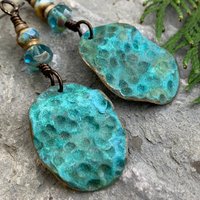 Bronze Wave Earrings, Colorful Verdigris Patina, Czech Glass Beads, Turquoise Blue, Earthy Boho Jewelry, Hypoallergenic, Handmade Art