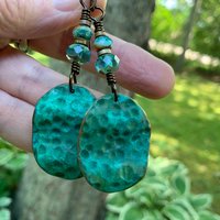 Bronze Wave Earrings, Colorful Verdigris Patina, Czech Glass Beads, Turquoise Blue, Earthy Boho Jewelry, Hypoallergenic, Handmade Art