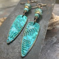 Bronze Fern Earrings, Verdigris Patina, Teardrop Dangle, Czech Glass Beads, Boho Hippie Style, Shield Earrings, Earthy, Soul Harbor Jewelry