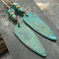 Bronze Fern Earrings, Verdigris Patina, Teardrop Dangle, Czech Glass Beads, Boho Hippie Style, Shield Earrings, Earthy, Soul Harbor Jewelry