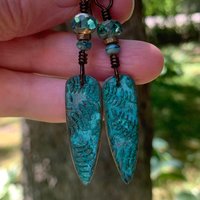 Bronze Fern Earrings, Verdigris Patina, Teardrop Dangle, Czech Glass Beads, Boho Hippie Style, Shield Earrings, Earthy, Soul Harbor Jewelry