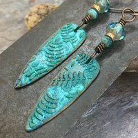 Bronze Fern Earrings, Verdigris Patina, Teardrop Dangle, Czech Glass Beads, Boho Hippie Style, Shield Earrings, Earthy, Soul Harbor Jewelry