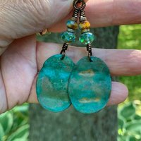 Bronze Wave Earrings, Colorful Verdigris Patina, Czech Glass Beads, Turquoise Blue, Earthy Boho Jewelry, Hypoallergenic, Handmade Art