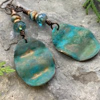 Bronze Wave Earrings, Colorful Verdigris Patina, Czech Glass Beads, Turquoise Blue, Earthy Boho Jewelry, Hypoallergenic, Handmade Art
