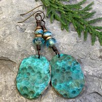 Bronze Wave Earrings, Colorful Verdigris Patina, Czech Glass Beads, Turquoise Blue, Earthy Boho Jewelry, Hypoallergenic, Handmade Art