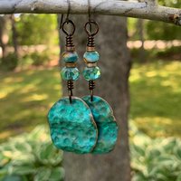Bronze Wave Earrings, Colorful Verdigris Patina, Czech Glass Beads, Turquoise Blue, Earthy Boho Jewelry, Hypoallergenic, Handmade Art