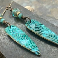 Bronze Fern Earrings, Verdigris Patina, Teardrop Dangle, Czech Glass Beads, Boho Hippie Style, Shield Earrings, Earthy, Soul Harbor Jewelry