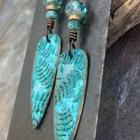 Bronze Fern Earrings, Verdigris Patina, Teardrop Dangle, Czech Glass Beads, Boho Hippie Style, Shield Earrings, Earthy, Soul Harbor Jewelry