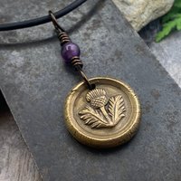 Thistle of Scotland Charm, Bronze Scottish Thistle, Amethyst Bead, Leather & Vegan Cords, Outlander Highlander, Handmade Art Jewelry,
