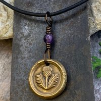 Thistle of Scotland Charm, Bronze Scottish Thistle, Amethyst Bead, Leather & Vegan Cords, Outlander Highlander, Handmade Art Jewelry,