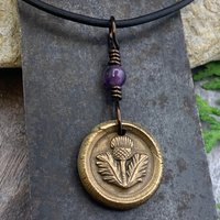 Thistle of Scotland Charm, Bronze Scottish Thistle, Amethyst Bead, Leather & Vegan Cords, Outlander Highlander, Handmade Art Jewelry,