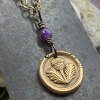 Thistle of Scotland Charm, Bronze Scottish Thistle, Amethyst Bead, Leather & Vegan Cords, Outlander Highlander, Handmade Art Jewelry,