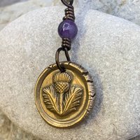 Thistle of Scotland Charm, Bronze Scottish Thistle, Amethyst Bead, Leather & Vegan Cords, Outlander Highlander, Handmade Art Jewelry,