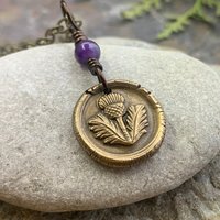 Thistle of Scotland Charm, Bronze Scottish Thistle, Amethyst Bead, Leather & Vegan Cords, Outlander Highlander, Handmade Art Jewelry,