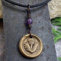 Thistle of Scotland Charm, Bronze Scottish Thistle, Amethyst Bead, Leather & Vegan Cords, Outlander Highlander, Handmade Art Jewelry,