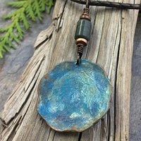 Newgrange Spirals, Copper Pendant, Connemara Marble, Triple Spiral, Irish Celtic Jewelry, Verdigris Patina, Blue Green Copper, Pagan Witch