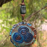 Newgrange Spirals, Copper Pendant, Connemara Marble, Triple Spiral, Irish Celtic Jewelry, Verdigris Patina, Blue Green Copper, Pagan Witch