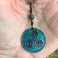 Triskele Pendant, Triskelion, Triple Spiral, Copper Patina, Irish Celtic Jewelry, Connemara Marble, Pagan Wicca, Triple Goddess Charm