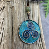 Triskele Pendant, Triskelion, Triple Spiral, Copper Patina, Irish Celtic Jewelry, Connemara Marble, Pagan Wicca, Triple Goddess Charm