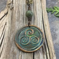 Triskele Pendant, Triskelion, Triple Spiral, Copper Patina, Irish Celtic Jewelry, Connemara Marble, Pagan Wicca, Triple Goddess Charm