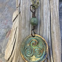 Triskele Pendant, Triskelion, Triple Spiral, Copper Patina, Irish Celtic Jewelry, Connemara Marble, Pagan Wicca, Triple Goddess Charm