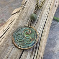 Triskele Pendant, Triskelion, Triple Spiral, Copper Patina, Irish Celtic Jewelry, Connemara Marble, Pagan Wicca, Triple Goddess Charm