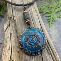 Celtic Sun Spiral Necklace, Copper Sun Charm, Irish Celtic Spirals, Connemara Marble, Hand Carved, Verdigris Patina, Handmade Art Jewelry