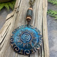 Celtic Sun Spiral Necklace, Copper Sun Charm, Irish Celtic Spirals, Connemara Marble, Hand Carved, Verdigris Patina, Handmade Art Jewelry