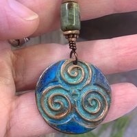 Triskele Copper Pendant, Triskelion, Connemara Marble, Triple Spiral, Irish Celtic Jewelry, Verdigris Patina, Blue Green Copper, Pagan Witch
